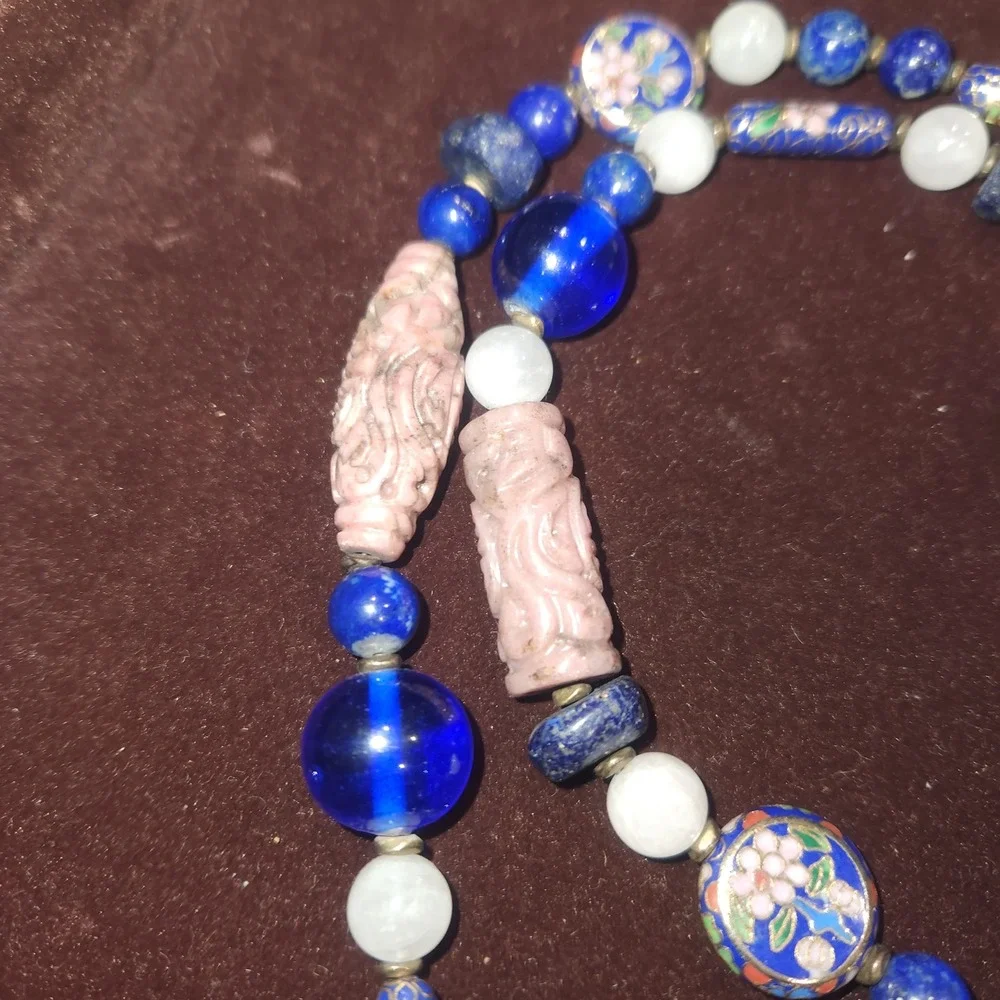 Vintage Chinese Export Lapis‎ Lazuli Pink stone Cloisonne Enamel Bead Necklace